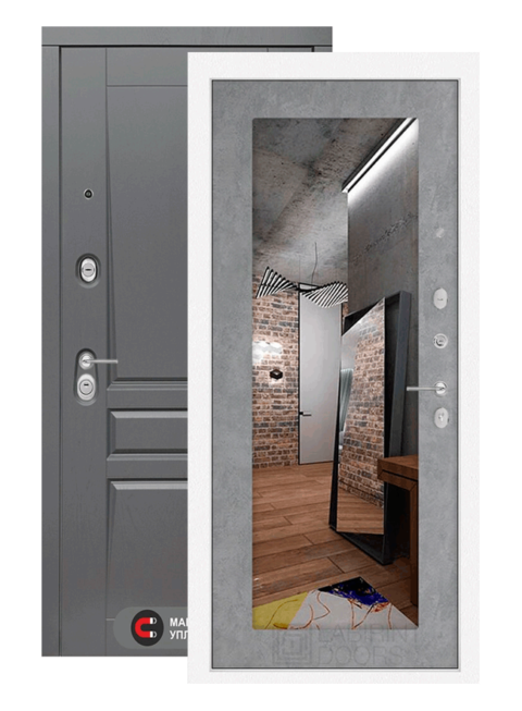 Входная дверь Лабиринт Платинум с зеркалом 18 бетон светлый
